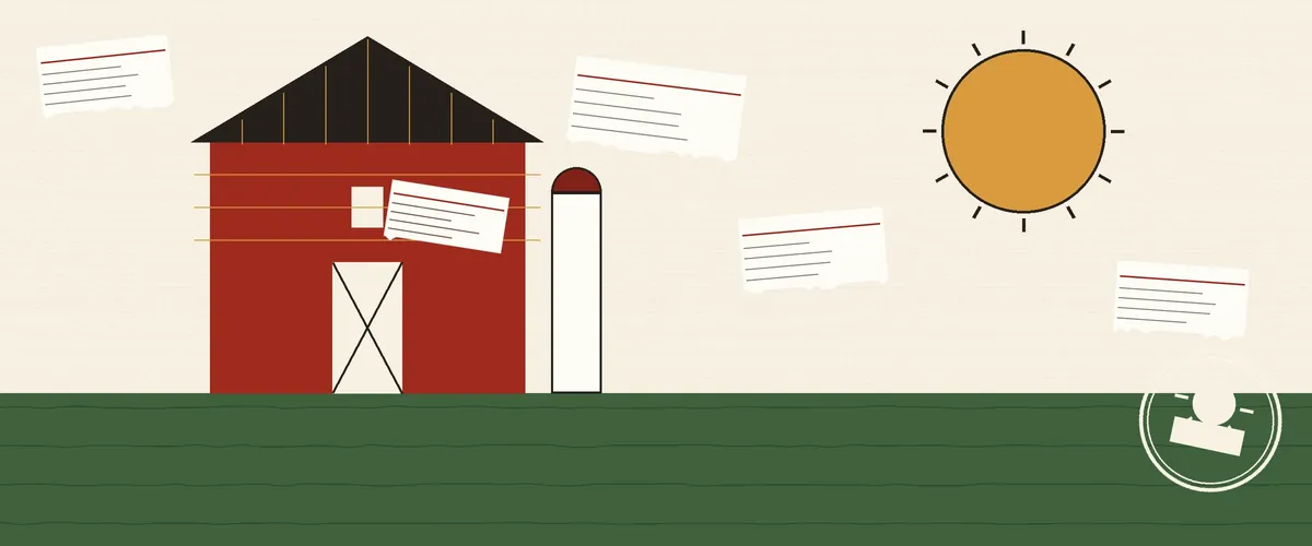 A barn-red barn with a solar panel roof and a cream silo on green pasture, a large cheddar sun, and pasted cream ticket slips on the paper